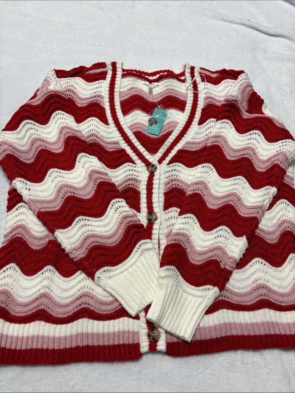 Maurices Red, Pink & Cream Wavy Stripe Cardigan